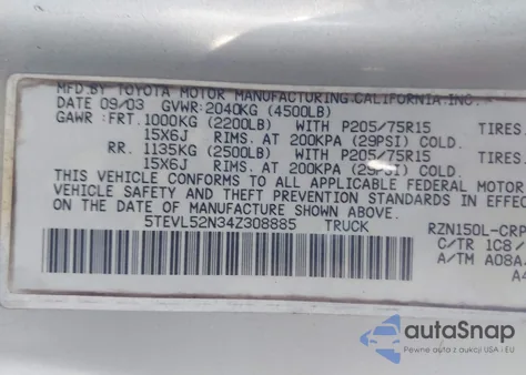 2004 Toyota Tacoma z USA, uszkodzony, nr VIN 5TEVL52N34Z308885